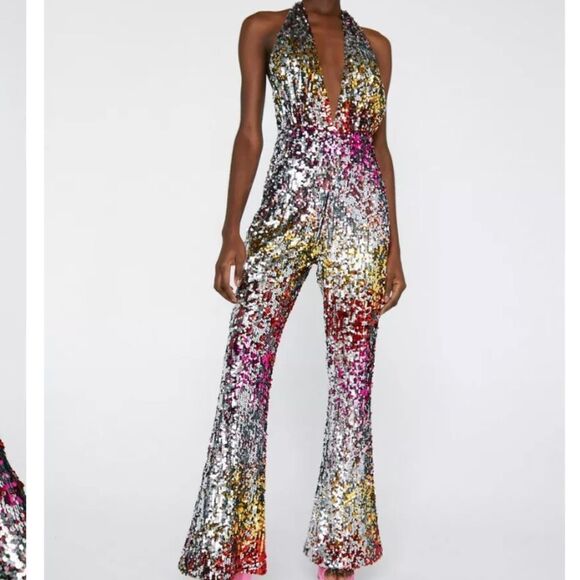 Nasty Gal- Ombre Sequin Halterneck Plunge Jumpsuit - Picture 1 of 7
